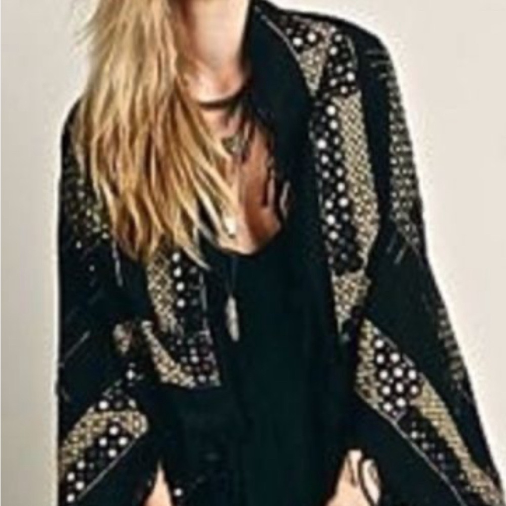 SOLD Free People "Mirror Mirror Kimono" black+gold embroidered mirrors